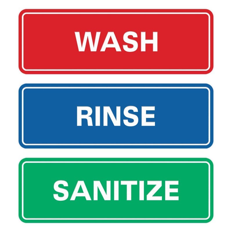 All Quality Quality Standard WASH RINSE SANITIZE Set of 3 Bay Sink Signs - Restaurant & Commercial Kitchen Sink Signs - Easy to Install - Red, Blue, Green (Small) - Image 1